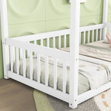 Twin Size Canopy Frame Floor Bed with Fence, Guardrails,White W504P143278