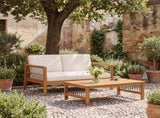Outdoor Acacia Wood and Iron Loveseat and Coffee Table Set with Cushions, Teak, Black, Beige 73021.00BGE
