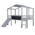 ZUN Twin Size Loft Bed with Ladder and Slide, House Bed with Blackboard and Light Strip on the Roof, 13308692