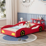 ZUN Wooden Race Car Bed,Car-Shaped Platform Twin Bed with Wheels For Teens,Red & Yellow WF310553AAJ