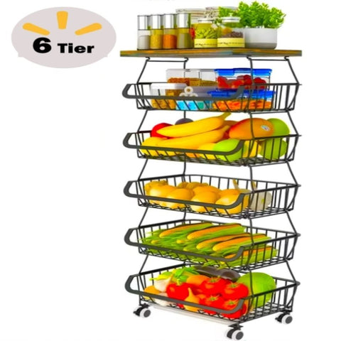 6-Tier Fruit Basket Rack, Stackable Wire Basket Cart with Solid Wood Top, Kitchen Vegetable 90617282