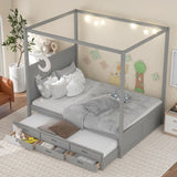 ZUN Queen Size Canopy Platform Bed with Twin Size Trundle and Three Storage Drawers,Gray 45763716