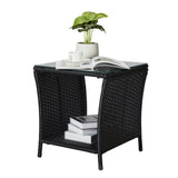 Outdoor Patio Wicker Side Table, Square End Table Bistro Coffee Table with Glass Top Storage Shelf 22548408