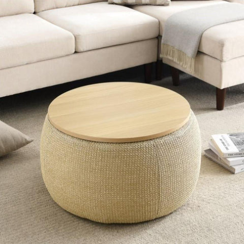 ZUN Round Storage Ottoman, 2 in 1 Function, Work as End table and Ottoman, Natural W48762888