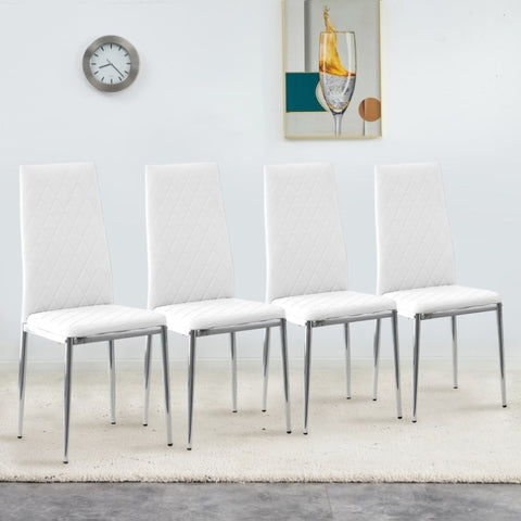 ZUN Grid armless high backrest dining chair, 4-piece set of silver metal legs white chair, office chair. W1151107273