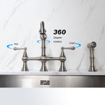 ZUN Kitchen sink faucet with pull-out side spray, modern and chic bridge shaped double handle rotary 95192852