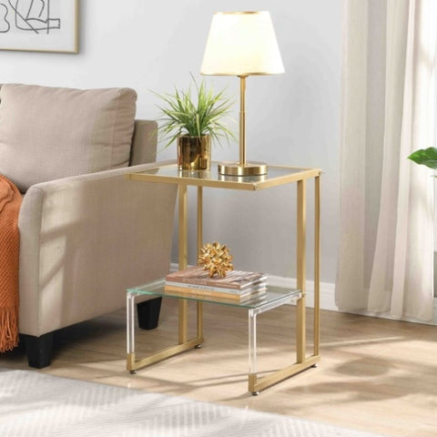 ZUN Golden Side Table, 2-Tier Acrylic Glass End Table for Living Room&Bedroom W1071106954