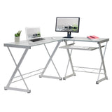 ZUN Techni Mobili L-Shaped Tempered Glass Top Computer Desk with Pull Out Keyboard Panel, Clear RTA-3802-GLS