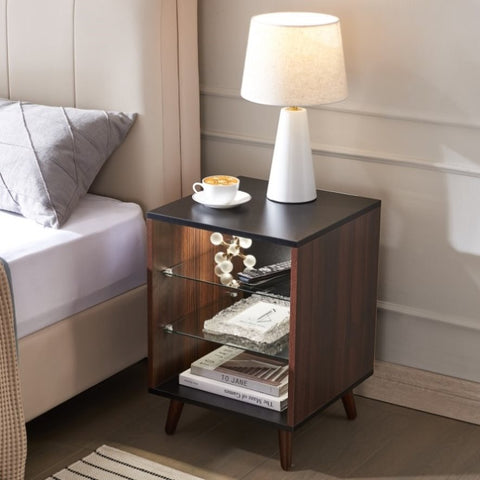 ZUN LED Nightstand with 2 Glass Shelves, Modern Bedside Table with 3 Color LED Lighting/Adustable W2178133308
