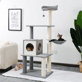ZUN Modern Cat Tree Cat Tower with Scratching Posts, Cozy Condo, Soft Hammock and Top Perch, Dangling 59227796