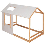 ZUN Twin Size House Platform with Roof and Window , Natural+Antique White WF294130AAM