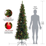 ZUN Artificial Slim Christmas Tree Pre-lit Pencil Feel Real Skinny Fir Tree with Cones and Berries 7.5ft W49819947