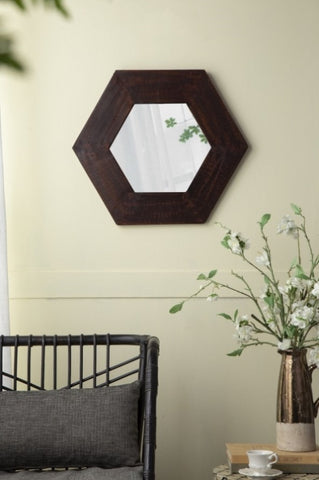 ZUN 18.5" x 18.5" Hexagon Mirror with Solid Wood Frame, Wall Decor for Living Room Bathroom Hallway, W2078133975