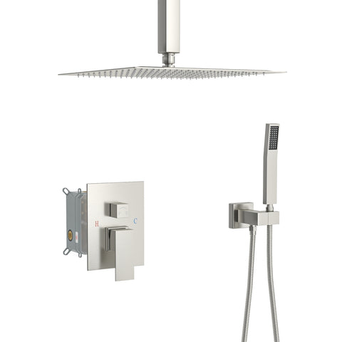 ZUN Dual Shower Head - 12 Inch Ceiling Mount Square Shower System with Rough-in Valve, Brushed Nickel W124357676