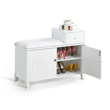 ZUN White Shoe Storage Bench Cabinet with Fireproof PU Cushion, Doubles and Movable Drawer Wood for W76058191