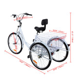 ZUN Adult Tricycle 24 inch Bike Cruiser Trike with Shopping Basket White 43400148