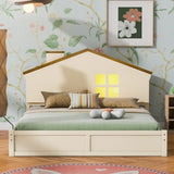 ZUN Full Size Wood Platform Bed with House-shaped Headboard and Built-in LED, Walnut+Milk White WF314524AAD