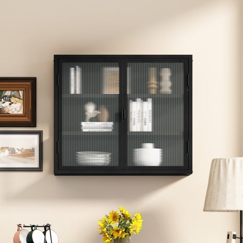 ZUN 27.56"Glass Doors Modern Two-door Wall Cabinet with Featuring Three-tier Storage for Entryway Living W75781775