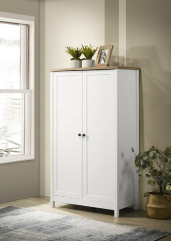 ZUN Claire 35" White Storage Cabinet with Oak Accent Finish and Framed Slatted Panel Design B061133841