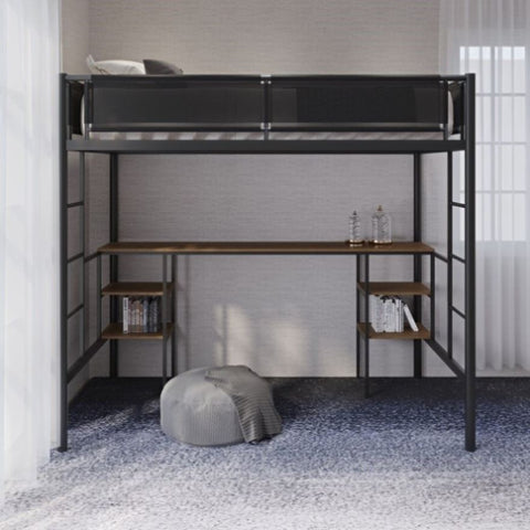 ZUN Metal Twin-size Loft Bed with Table & Shelves/ Sturdy Metal Bed Frame/ Noise-free Wood Slat/ W42773242