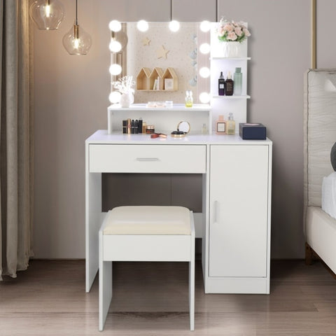 ZUN FCH Large Vanity Set with 10 LED Bulbs, Makeup Table with Cushioned Stool, 3 Storage Shelves 1 50529710