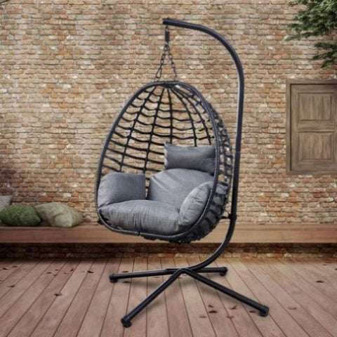 ZUN Artisan Outdoor Wicker Swing Chair With Stand for Balcony, 37"Lx35"Dx78"H F93 BLK-GRY