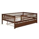 ZUN Full Size Wood Daybed with Trundle and Fence Guardrails, Walnut WF301863AAL