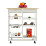 ZUN Moveable Kitchen Cart with Two Drawers & Two Wine Racks & Three Baskets White 67160366