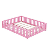 ZUN Queen Size Bed Floor Bed with Safety Guardrails and Door for Kids, Pink W1580110512