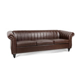 ZUN 83.46'' Brown PU Rolled Arm Chesterfield Three Seater Sofa. W68031446