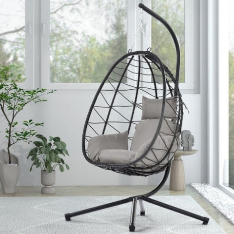 ZUN Egg Chair with Stand Indoor Outdoor Swing Chair Patio Wicker Hanging Egg Chair Hanging Basket Chair W874106467