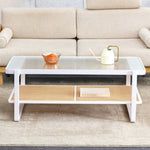 ZUN Modern minimalist white double layered solid wood coffee table. Glass tabletop, imitation rattan W1151134809