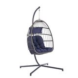 ZUN Outdoor Garden Rattan Egg Swing Chair Hanging Chair Dark Blue Cushion W874126289