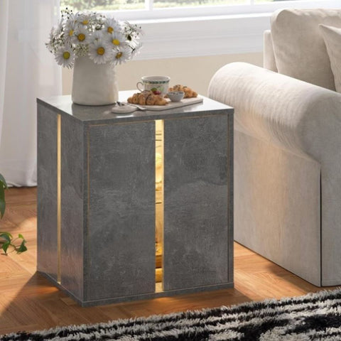 ZUN Bedside Tables with LED Farmhouse Gray Nightstand Tables with Glass Shelves Led End Table for Living W2178138713