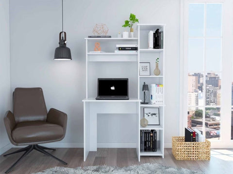 ZUN Marston 6-Shelf Writing Desk with Built-in Bookcase White B06280293