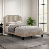 ZUN Modern Linen Curved Upholstered Platform Bed , Solid Wood Frame , Nailhead Trim, Beige WF298929AAA