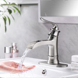 ZUN Waterfall Spout Bathroom Faucet,Single Handle Single Hole with Pop Up Drain,Brushed Nickel W124379896