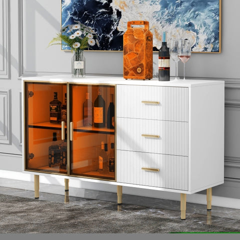 ZUN Modern Sideboard MDF Buffet Cabinet Marble Sticker Tabletop and Amber-yellow Tempered Glass Doors 51583108