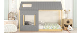 ZUN Twin Size House Bed with Roof and Window - Gray+Natural WF296897AAD