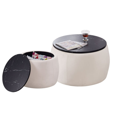 ZUN Set of 2 Nesting Round Storage Ottoman, Coffee Table Footstool with MDF Cover for Living Room, W87667313
