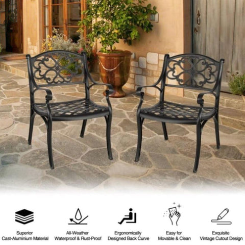 ZUN 2 Piece Outdoor Dining Chairs, Cast Aluminum Chairs with Armrest, Patio Bistro Chair Set of 2 for W1314120074