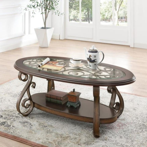 ZUN Coffee Table with Glass Table Top and Powder Coat Finish Metal Legs,Dark Brown W48757562