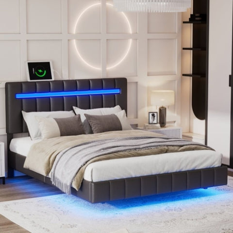 ZUN Full Size Floating Bed Frame with LED Lights and USB Charging,Modern Upholstered Platform LED Bed WF309339AAB