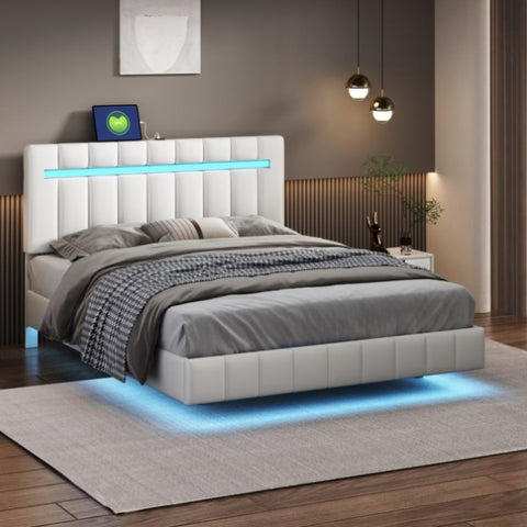 ZUN Queen Size Floating Bed Frame with LED Lights and USB Charging,Modern Upholstered Platform LED Bed WF309338AAK