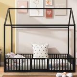 ZUN Full Size Metal House Bed with Fence and Door, Black MF315933AAB