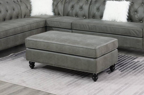 ZUN Living Room XL- Cocktail Ottoman Slate Grey Leatherette Accent Studding Trim Wooden Legs HSESF00F6440