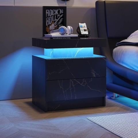 ZUN Nightstand LED Bedside Table Cabinet Lights Modern End Side with 2 Drawers for Bedroom W2178138741