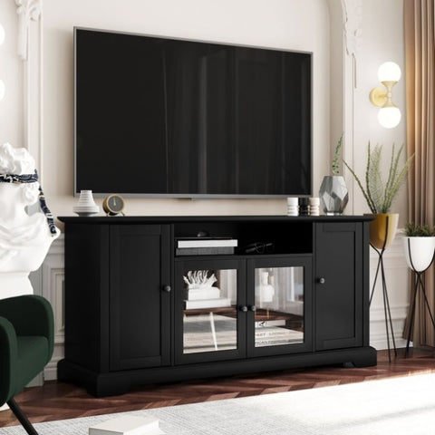 ZUN U-Can TV Stand for TV up to 65in with 2 Tempered Glass Doors Adjustable Panels Open Style Cabinet, WF287841AAB