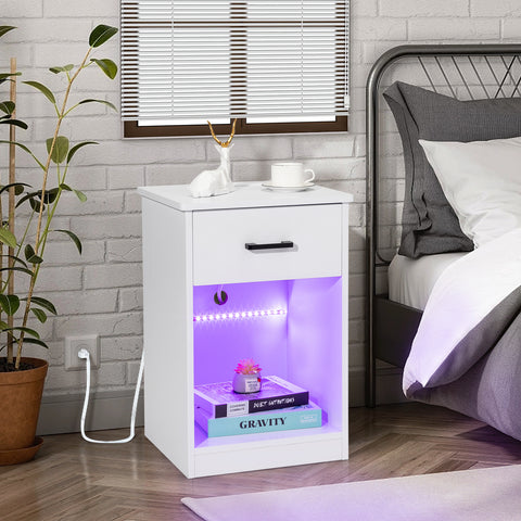 ZUN FCH 40*35*60cm Particleboard Pasted Triamine Single Drawer With Socket With LED Light Bedside Table 45248206