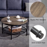 ZUN Bonnlo Industrial Style Double Wood Grain Coffee Table 80 Round MDF Iron Mesh 73442187